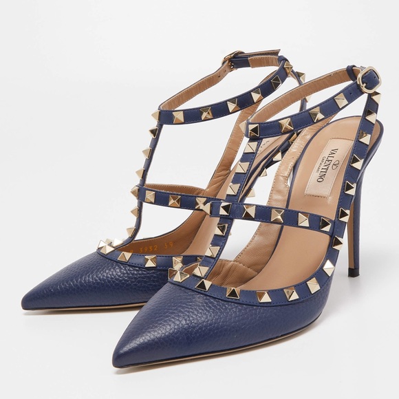 Valentino Navy Blue Leather Rockstud Ankle Heels